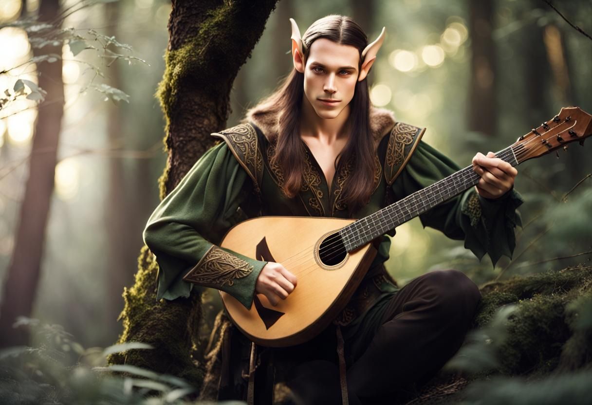 Elven Minstrel in Forest with Slanting Light