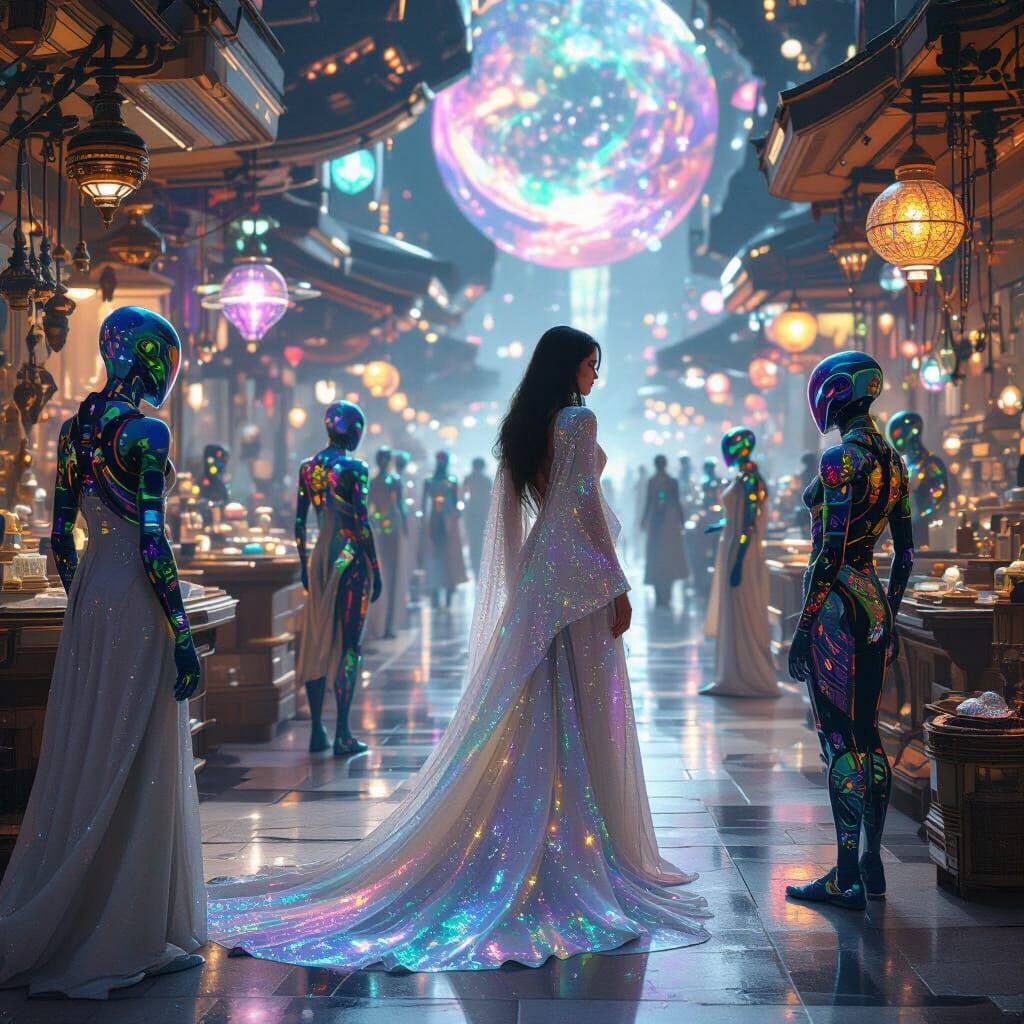 Zero-Gravity Marketplace: A Sci-Fi Scene in Digital Art Styl...