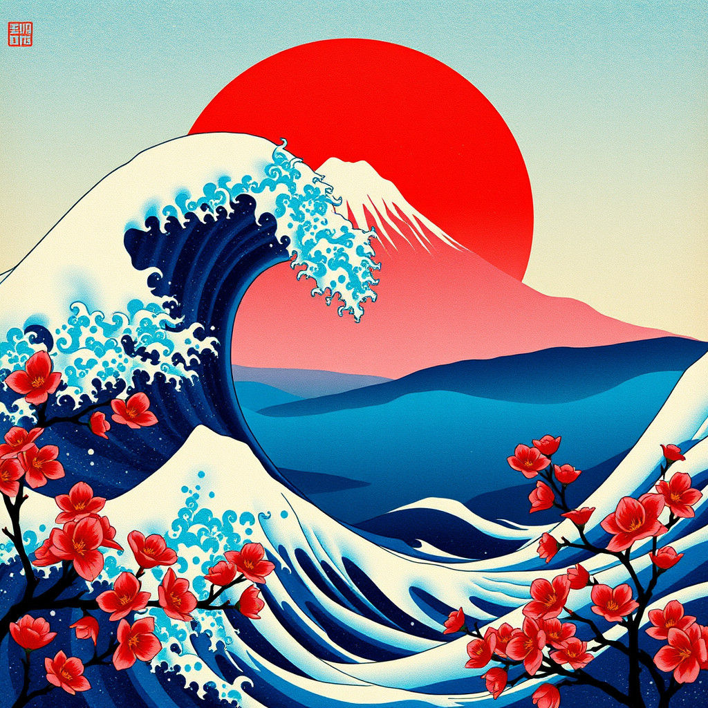 Ukiyo-e Style Flyer Design with Mount Fuji