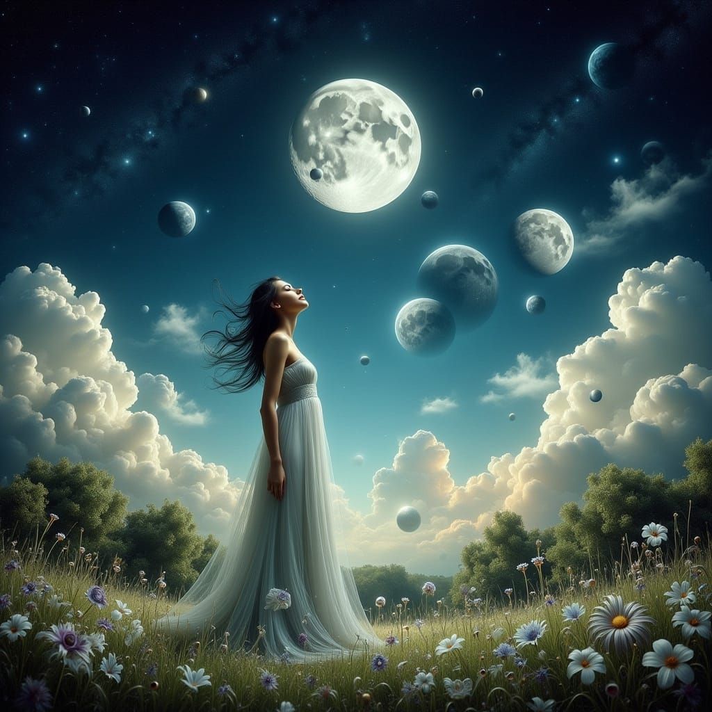Dreamy Woman Sharing Secrets with the Moon