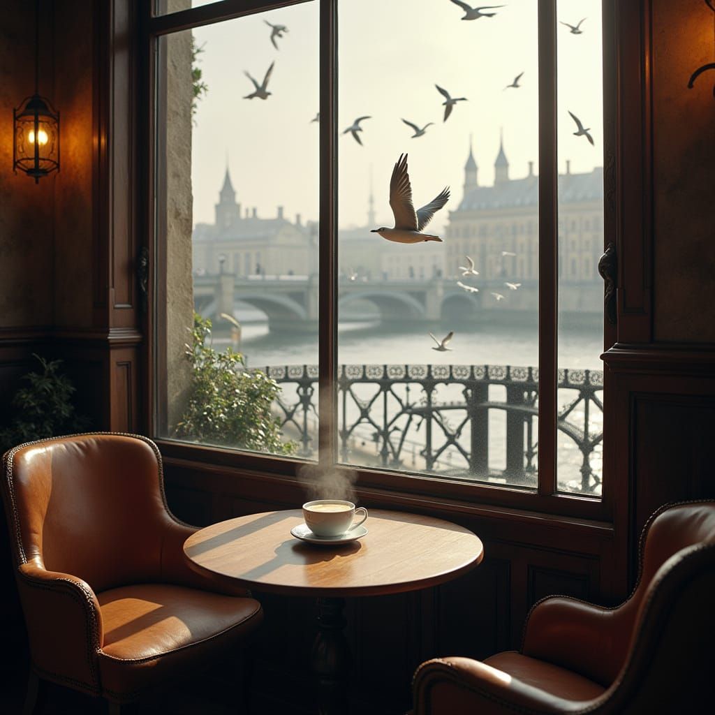 Warm London Cafe Scene with Seagulls Soaring Outside