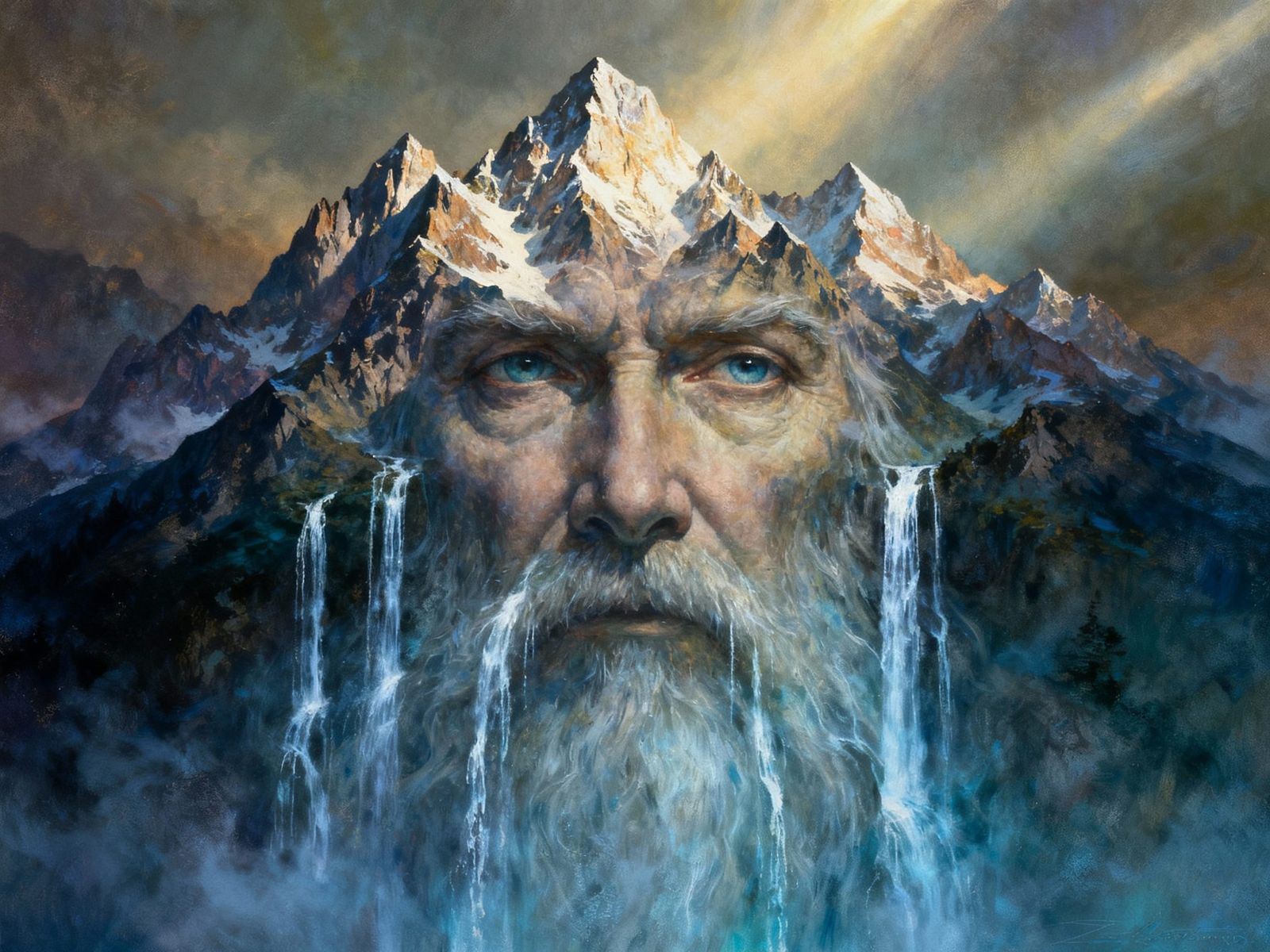 Majestic Mountain Wizard Face Double Exposure Art