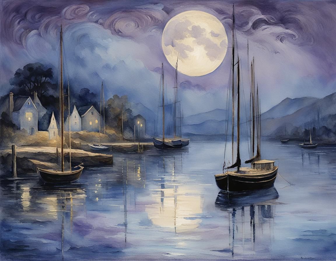 Moonlit Harbor in Romantic Watercolor Style