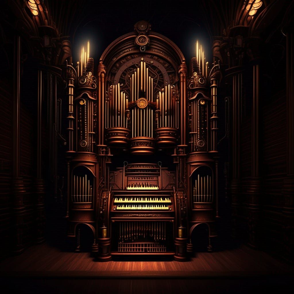 Steampunk Pipe Organ in Dark Chamber