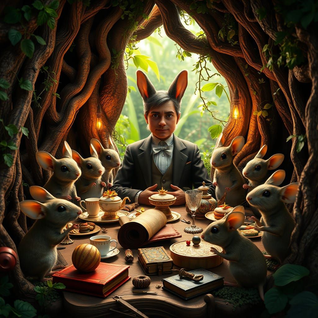 Elegant Gentleman Hosts Whimsical Tea Party with Mice in Enc...