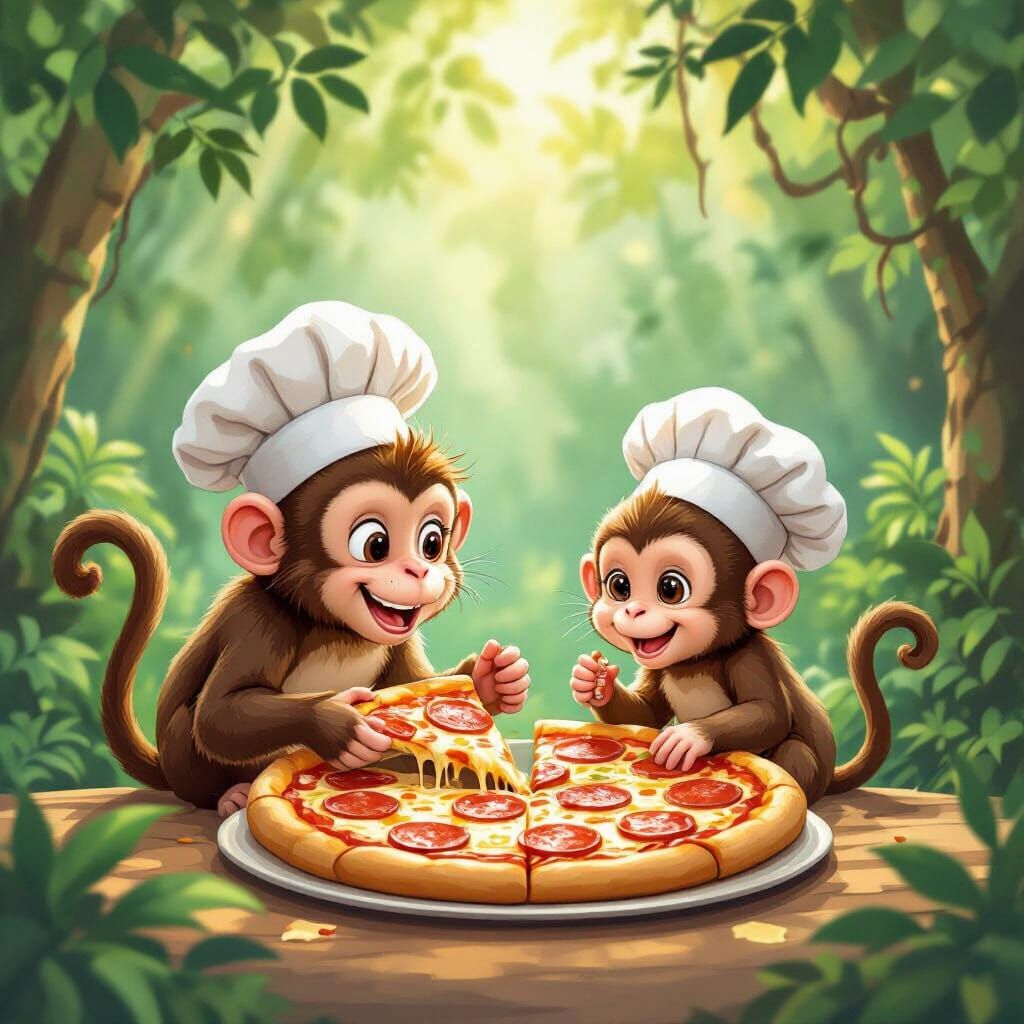 Monkeys Share Pizza on Park Bench in Whimsical Style