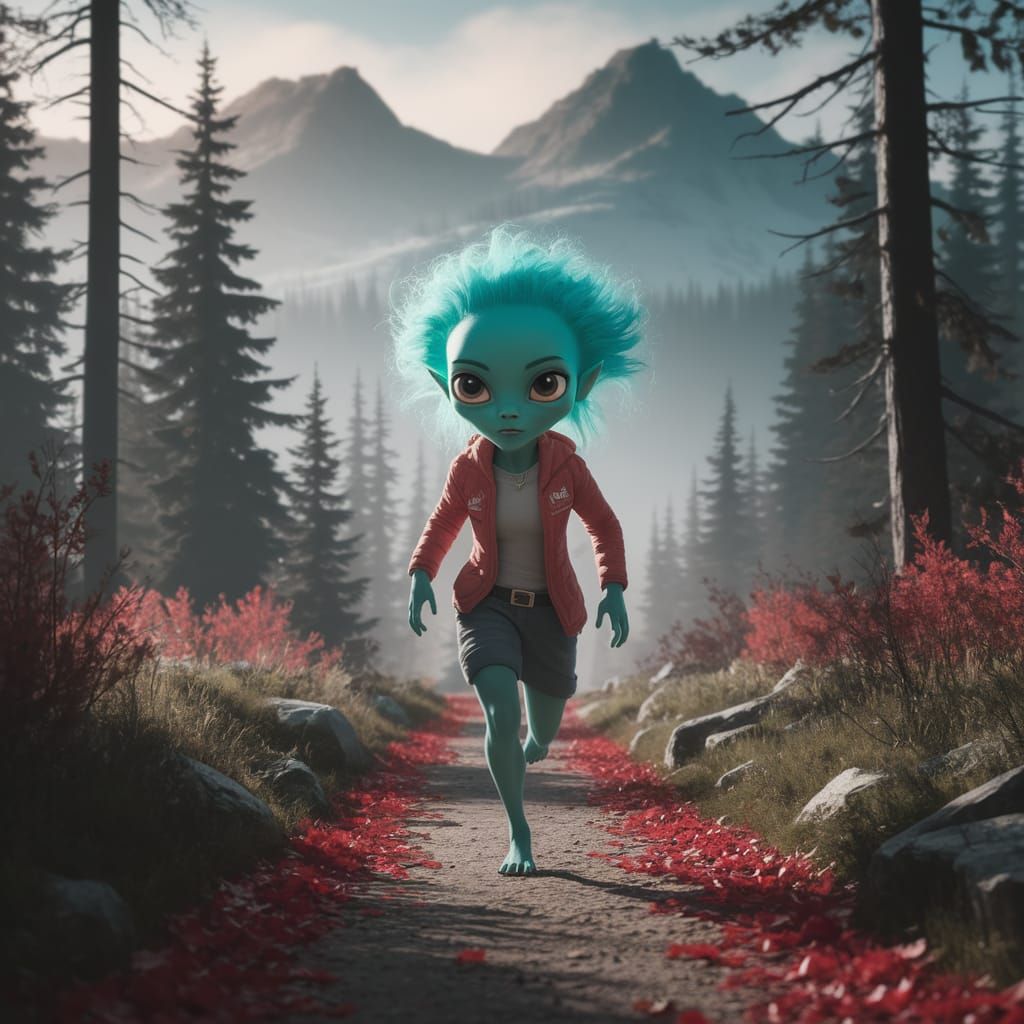 Turquoise-Haired Alien Runs Through Foggy Forest