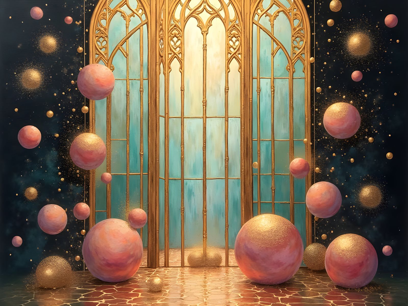 Golden Portal with Intricate Lines and Spheres in Stained Gl...