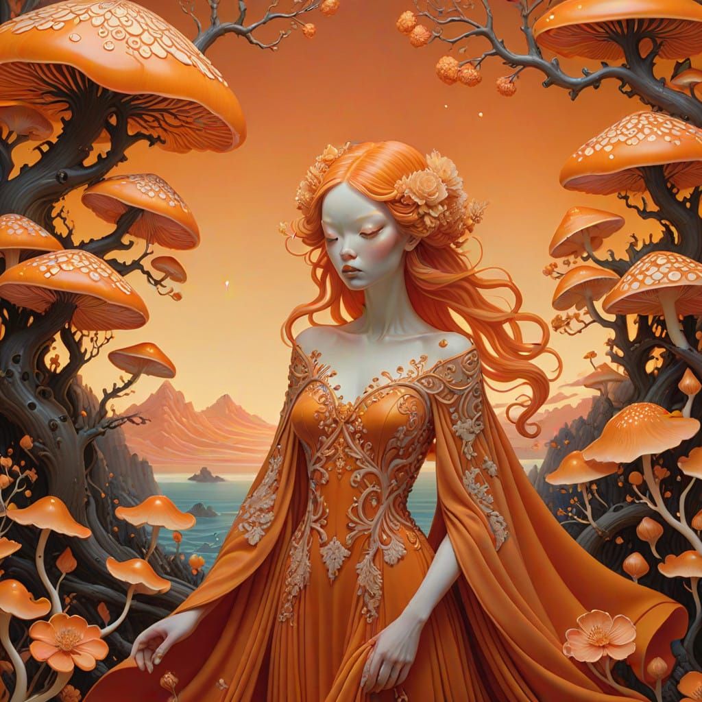 Enchanted Orange Dreamscape in Vibrant Art Nouveau Style