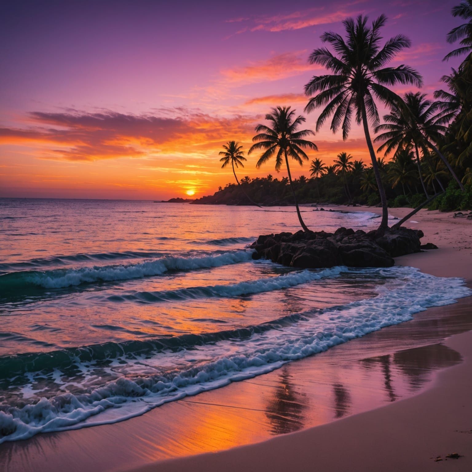 Tropical Beach Sunset with Vivid Colors