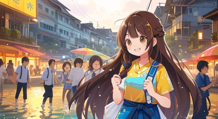 Thai Girl Celebrates Songkran Festival with Joyful Water Pla...