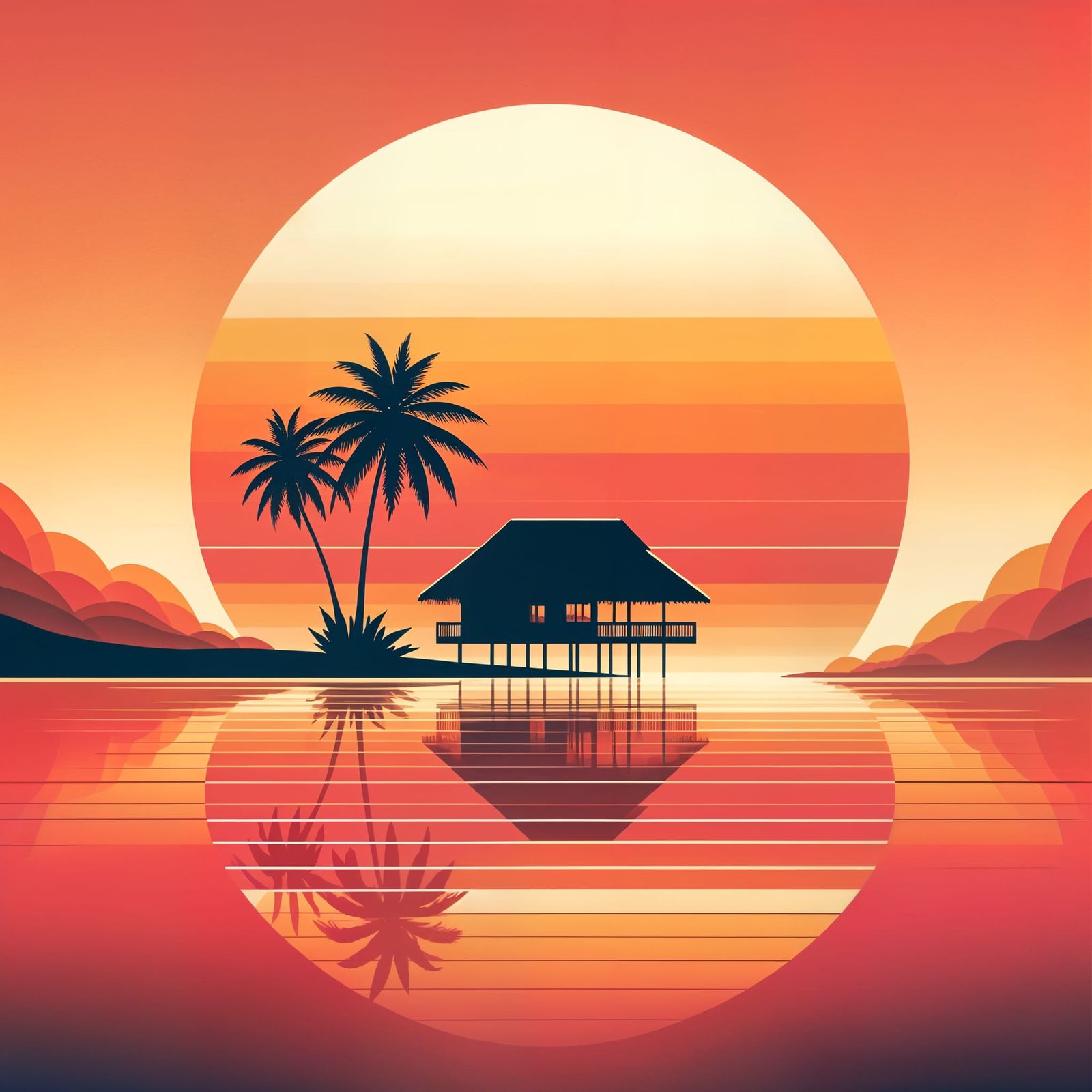 Tropical Beach Sunset with Thatched Bungalow