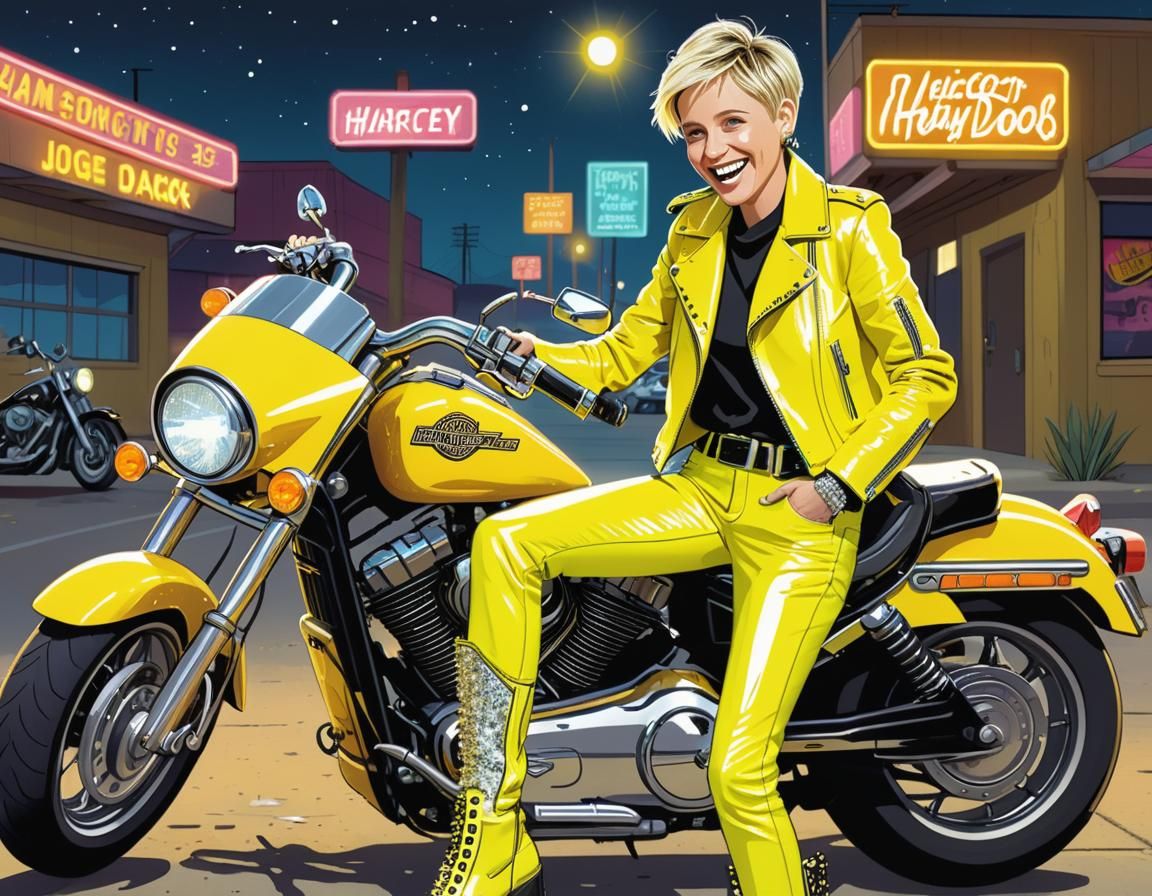 Cartoon masterpiece of young ELLEN DEGENERES, AGE 25, laughing, wearing YELLOW glowing glittering electric neon leather ...