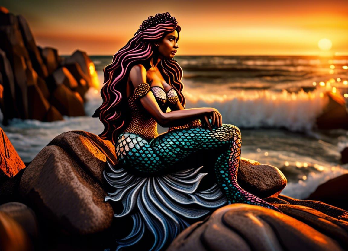 Hyperrealistic Mermaid on Rocks at Sunset