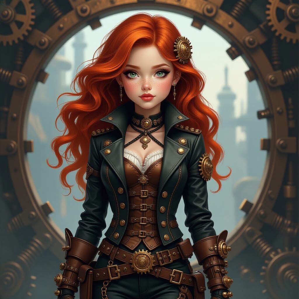 Steampunk Girl with Fiery Hair, Oil Painting Style