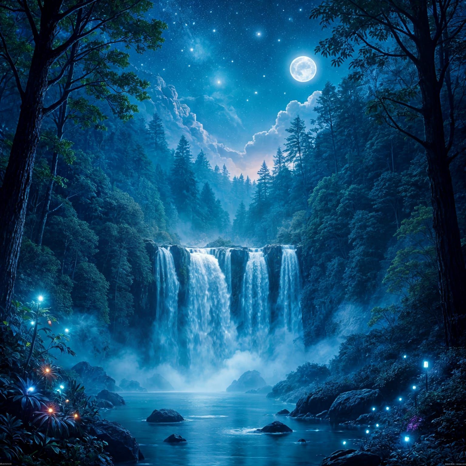 Magical Forest with Starlight Waterfall