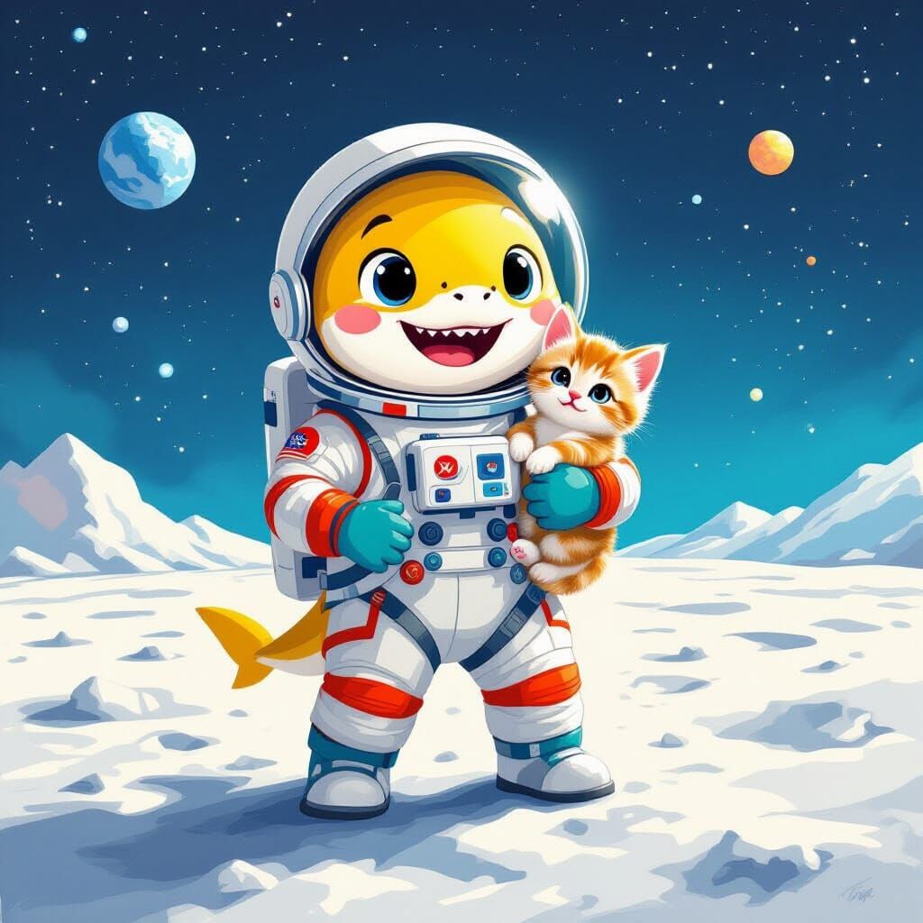 Baby Shark and Kitten Explore Moon in Vibrant Style