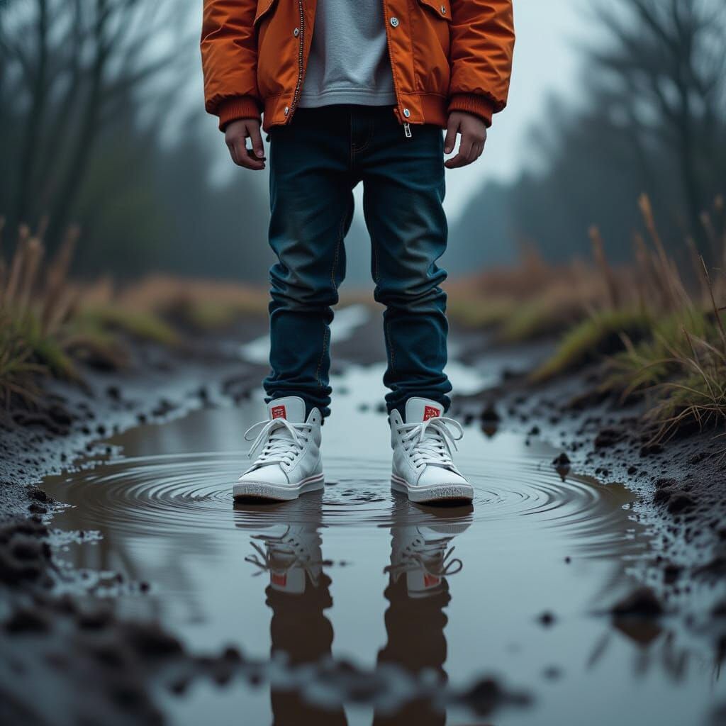 Boy in New Sneakers Defies Mud Puddle, Cinematic Lighting
