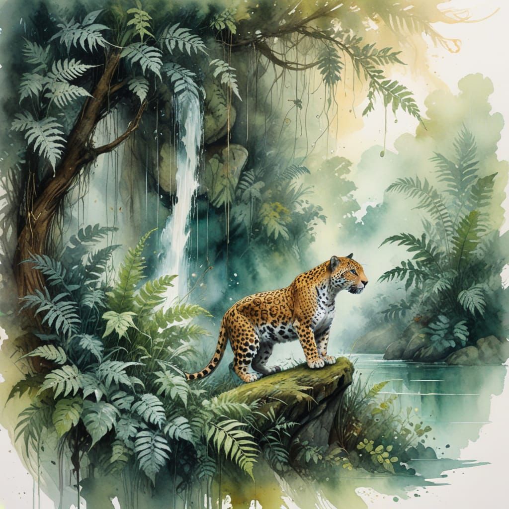 Surreal Amazonian Waterfall Scene in Vibrant Watercolors