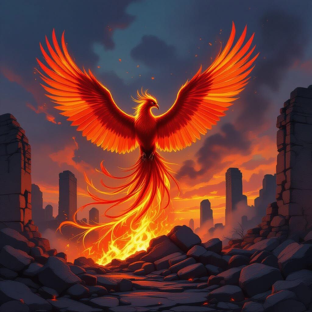 Majestic Phoenix Rises from Embers in Fantasy Style