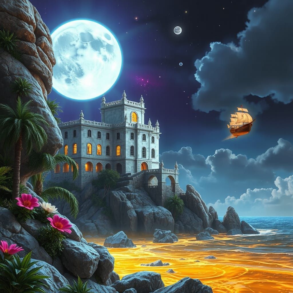 Ancient Aztec Palace on Cliffside Overlooking Golden Sea Und...