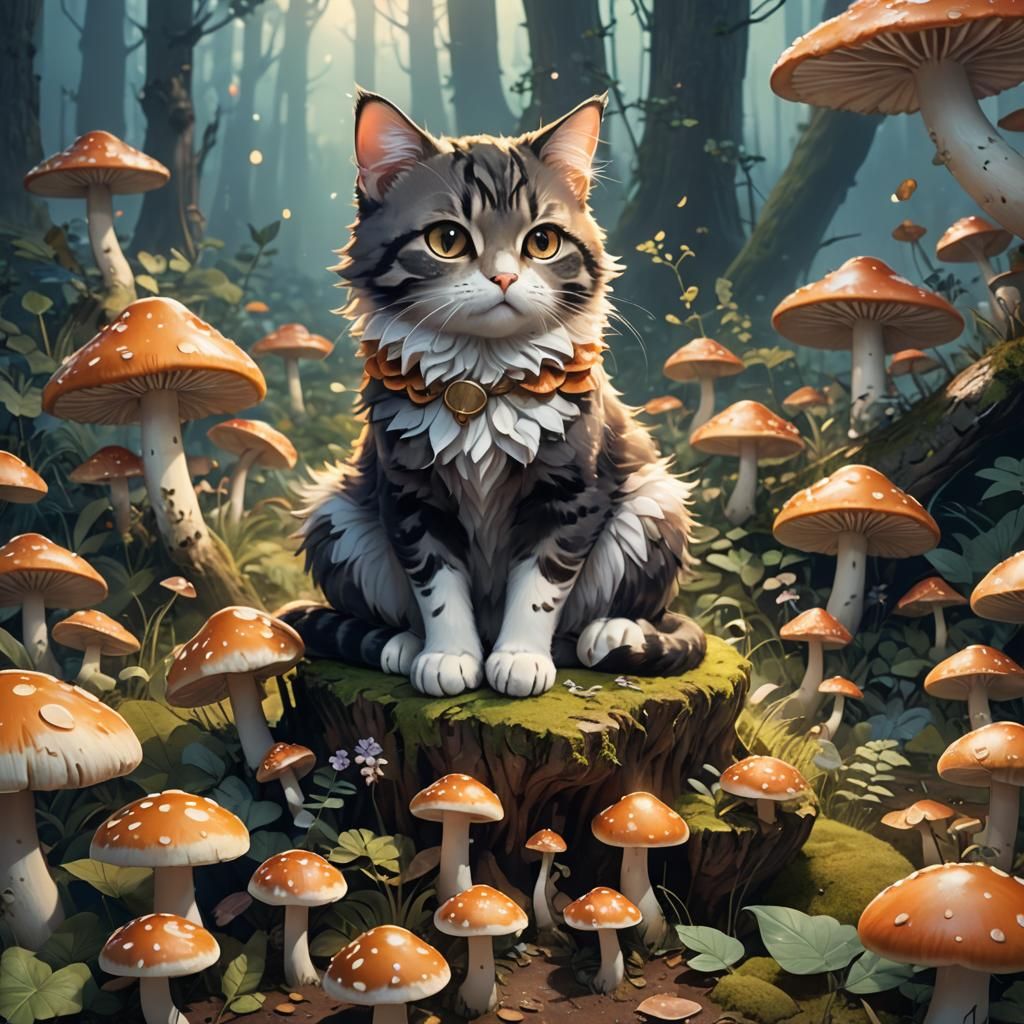 Cute Cat on Mushrooms in Whimsical 3D Anime Art