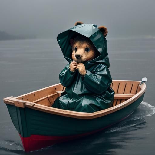 Baby Bear in Raincoat Sitting in Boat