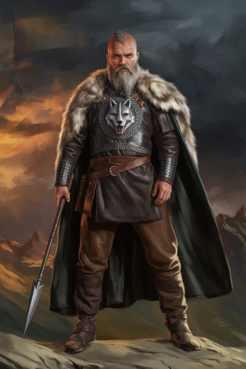 Fierce Viking King on Rocky Landscape with Spear