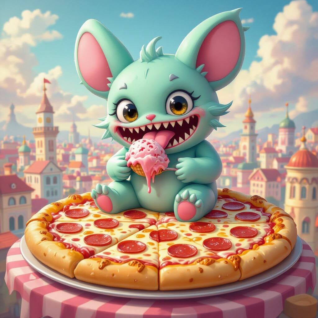 Labubu Doll Eats Ice Cream on Giant Pizza