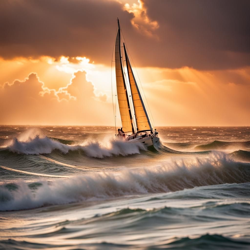 Sailing Boat Amidst Breaking Waves at Sunset