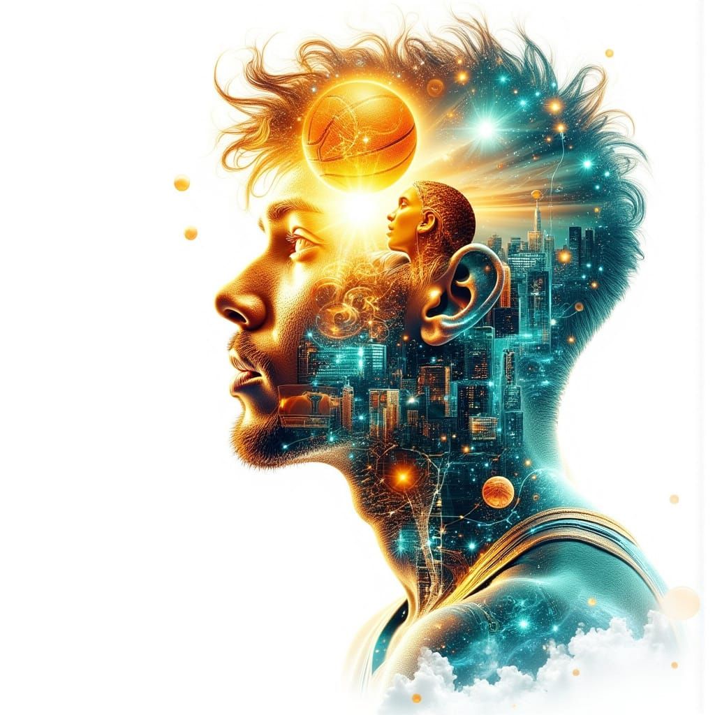 Basketball Player Dunking Silhouette in Double Exposure