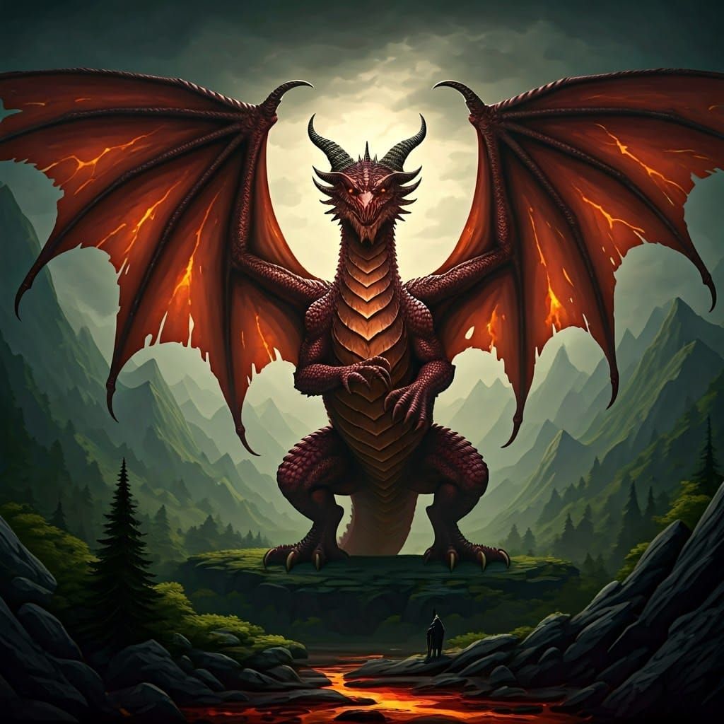 Gargantuan Red Dragon Over Mystical Landscape