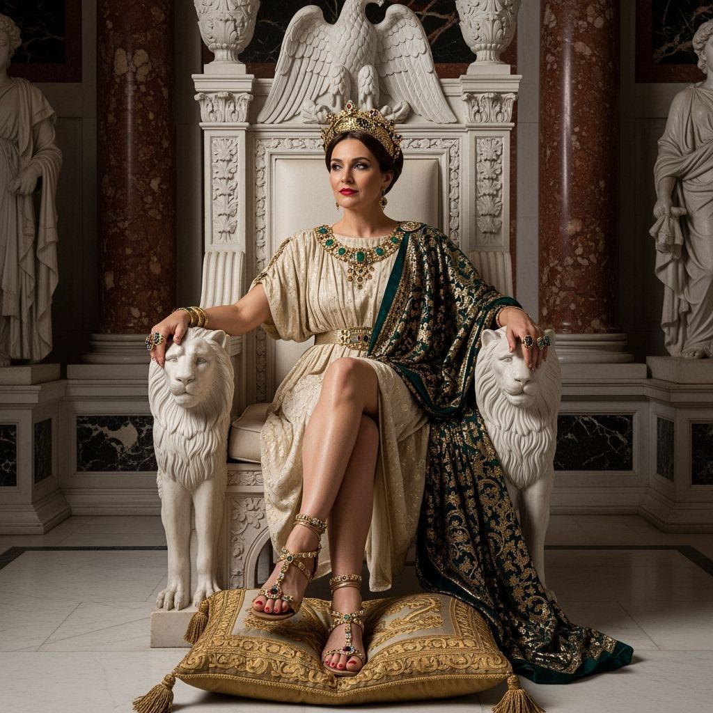Roman Empress on Marble Throne with Gold and Emerald Toga