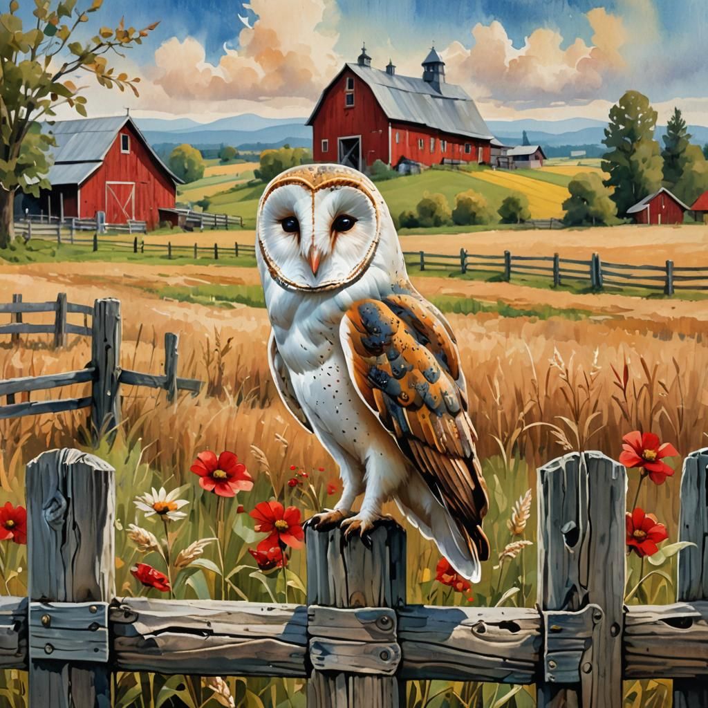 Barn Owl on Fence: Gouache Impressionist Country Scene