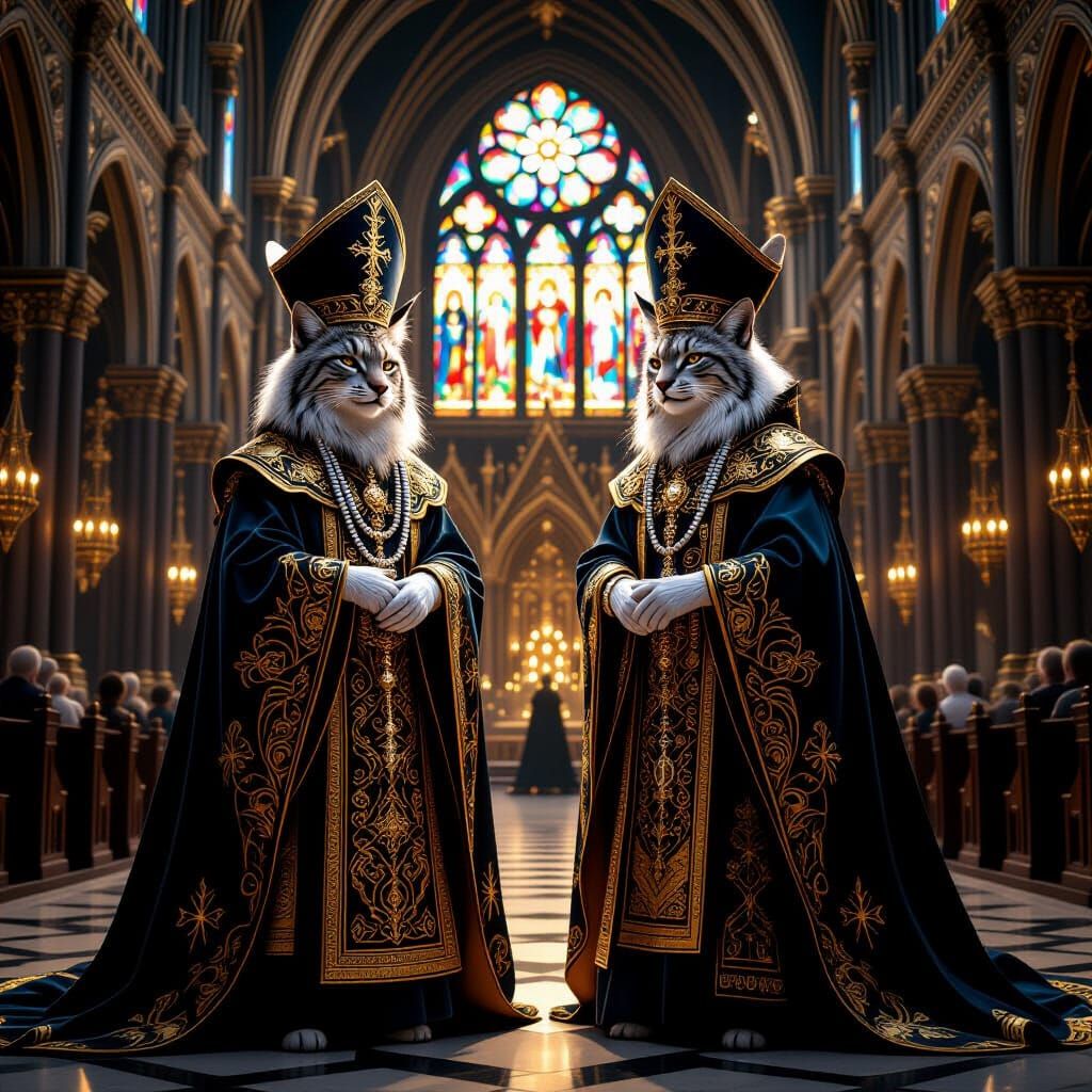 Lynx Priests Before Gothic Cathedral