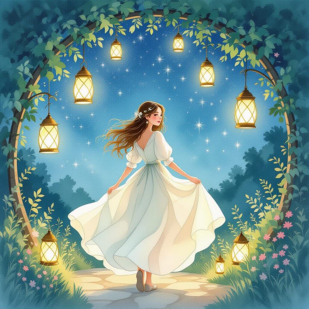 Whimsical Woman with Lanterns Watercolor Painting