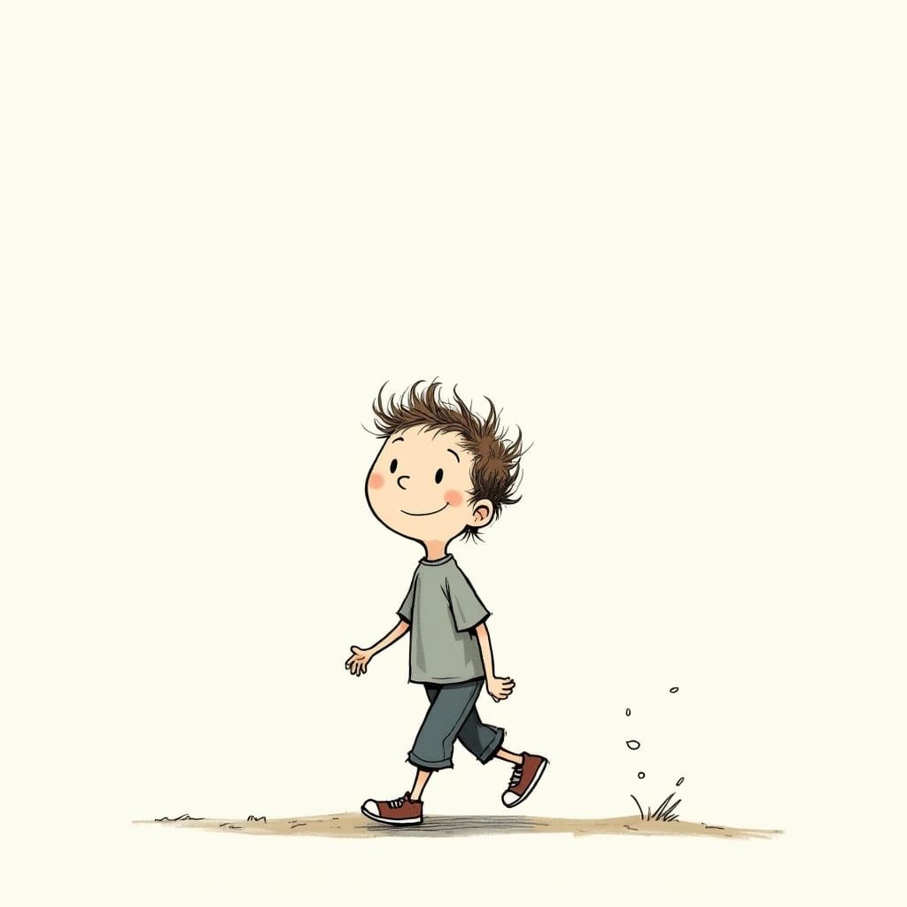 Whimsical Boy Walks in Thoughtful Moment