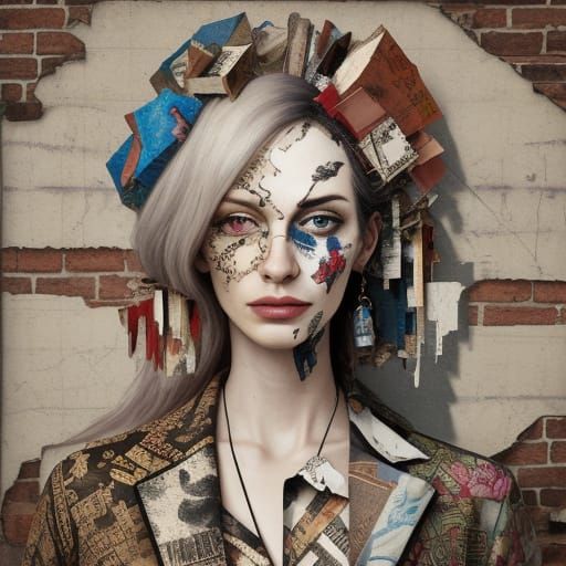 Surreal Collage Portrait with Distressed Background