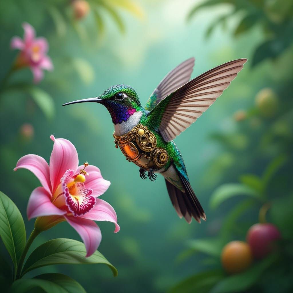 Steampunk Hummingbird in Jungle, Hyper-Detailed Art