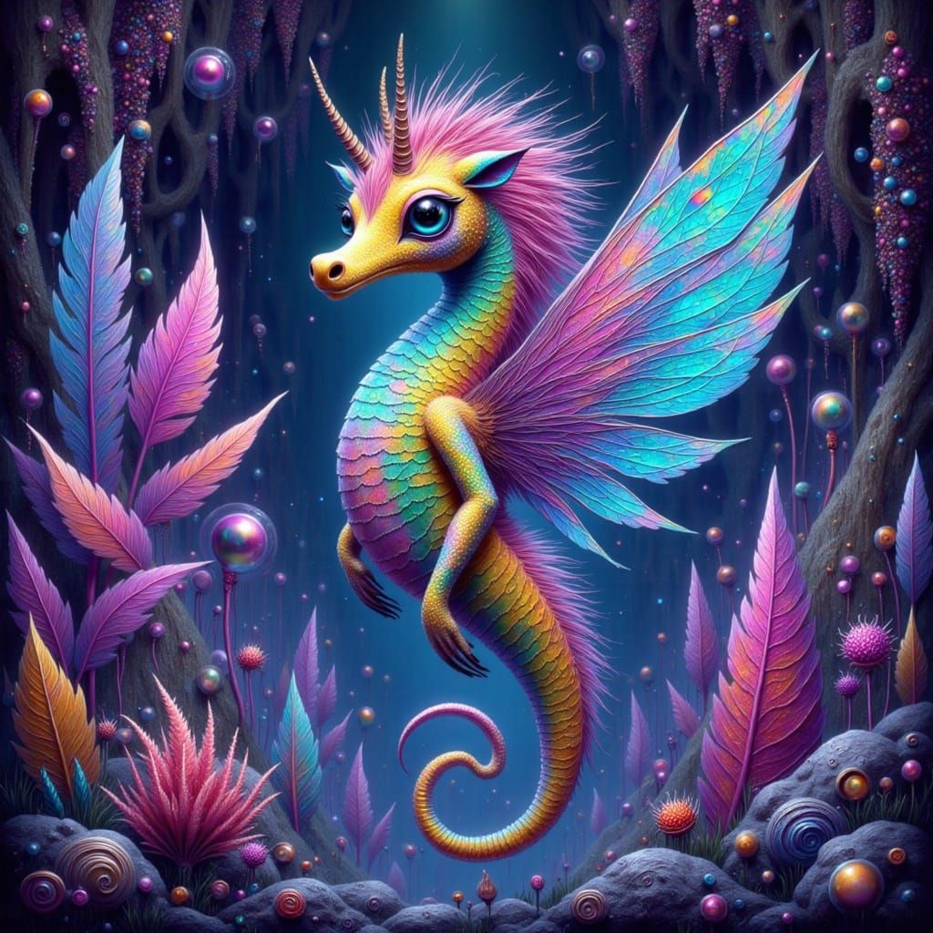 Glowing Rainbow Seahorse in Bioluminescent Cave