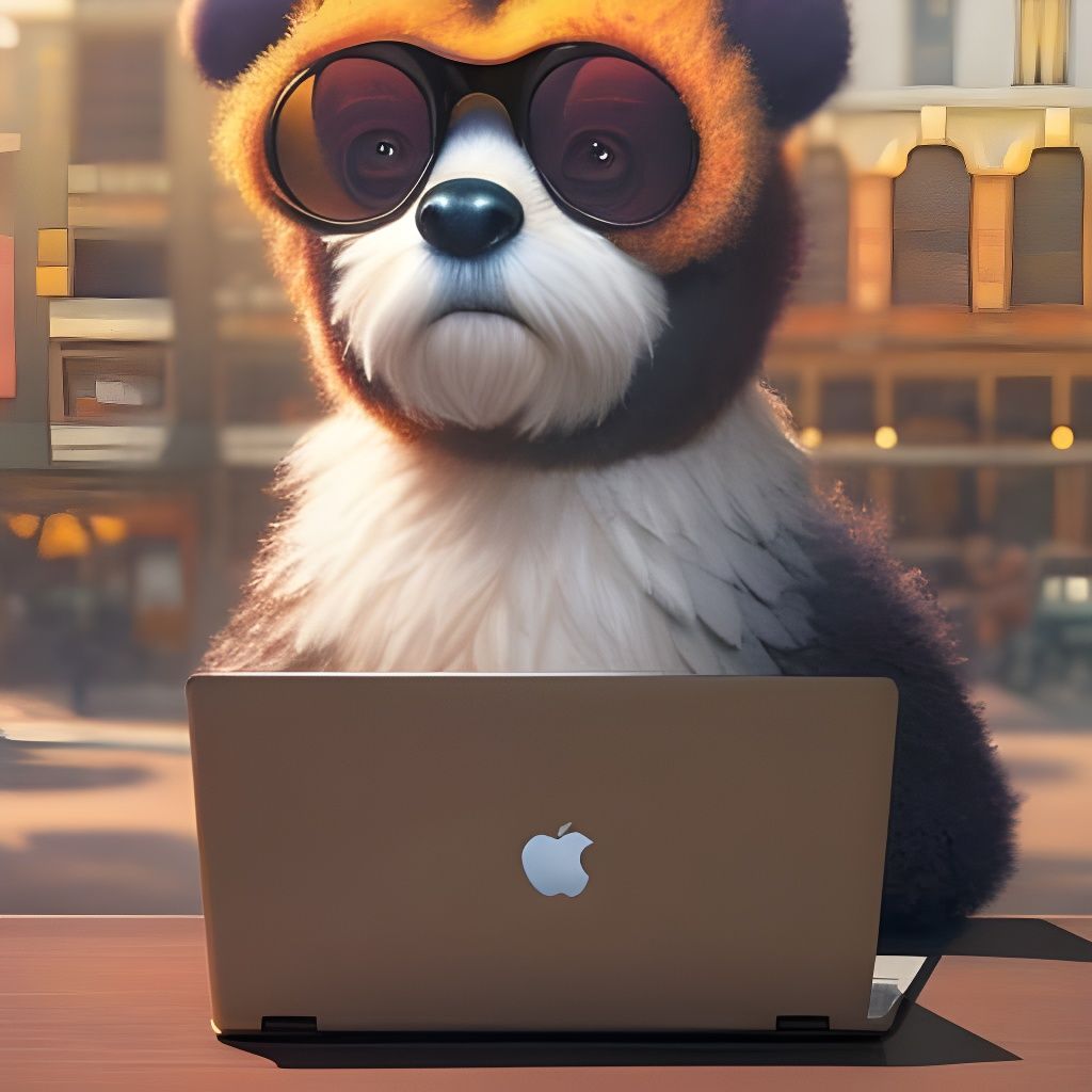 Fluffy Monster at Apple Laptop: Pixar Style Portrait