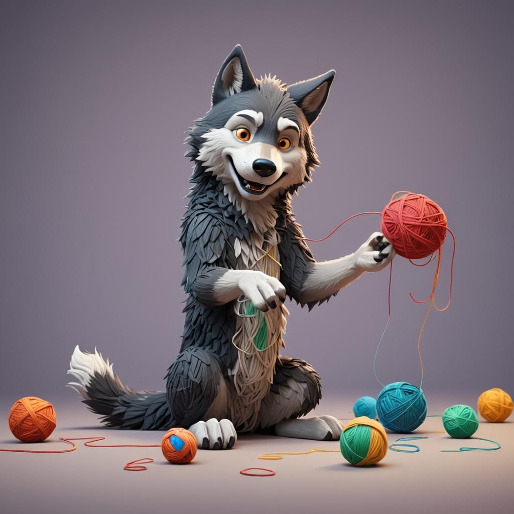 Wolf Playing with Yarn: 3D Digital Art