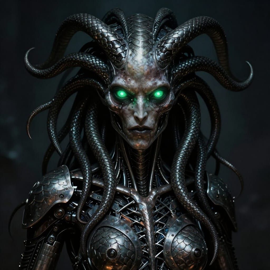 Creepy Cyborg Gorgon with Bioluminescent Eyes