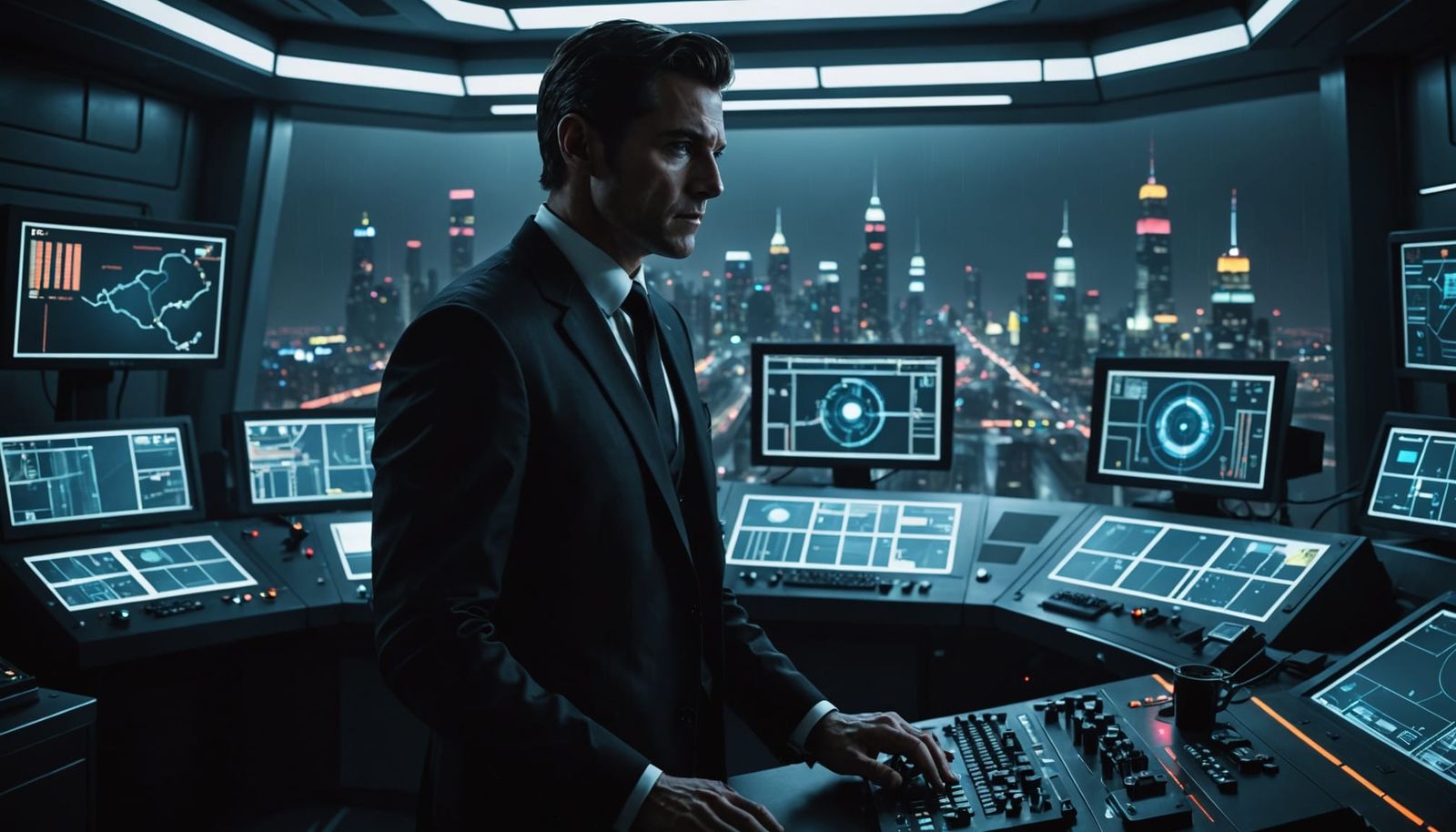 Cyber Agent in Retro-Futuristic Control Room