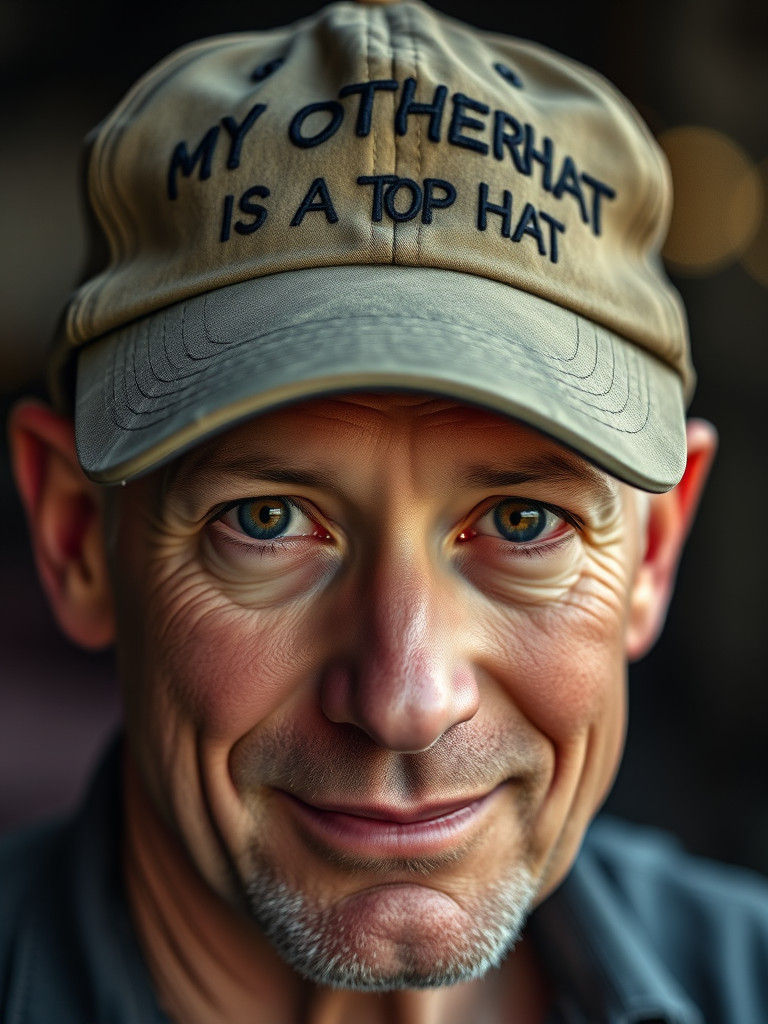 Man in Baseball Cap with Humorous Text Portrait