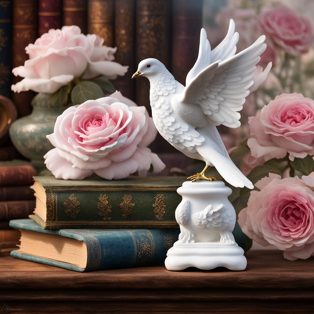 Ethereal Porcelain Dove Statue in Antique Setting