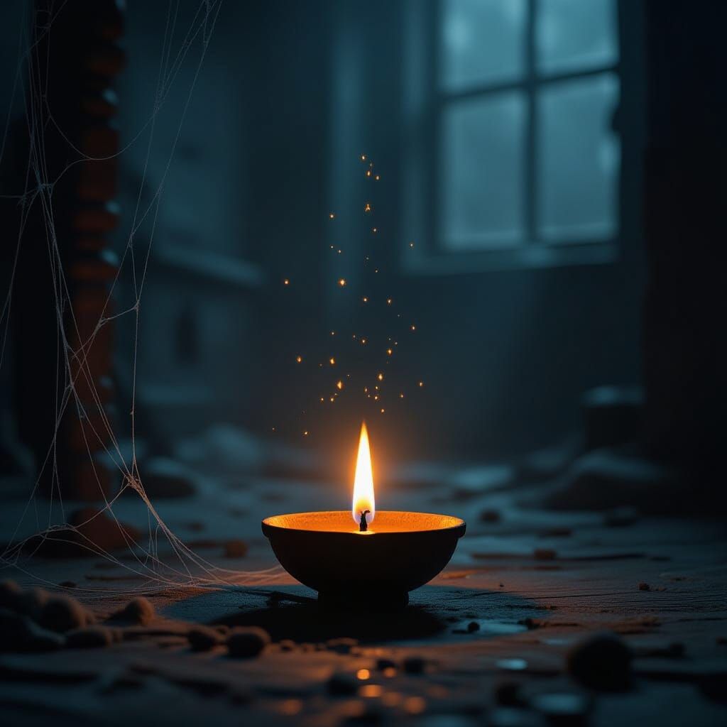 Lone Diya Flame in Melancholy Darkness