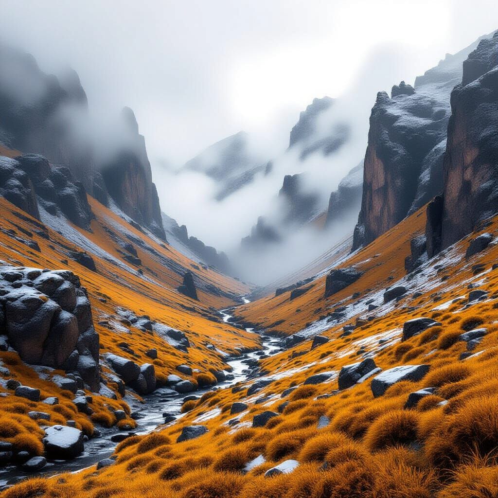 Dramatic Autumn Canyon in Gray Mist