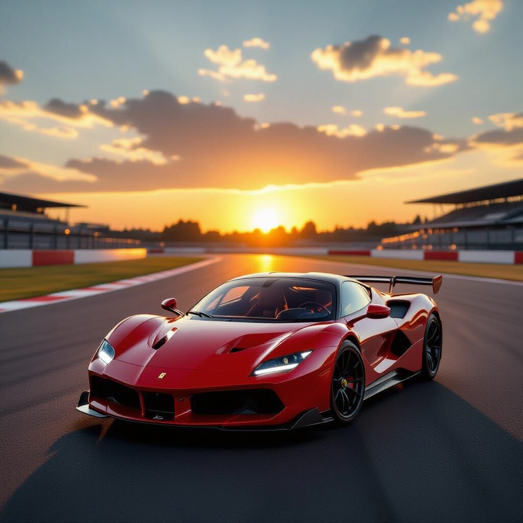 Ferrari 499P Hypercar at Sunset on Race Track