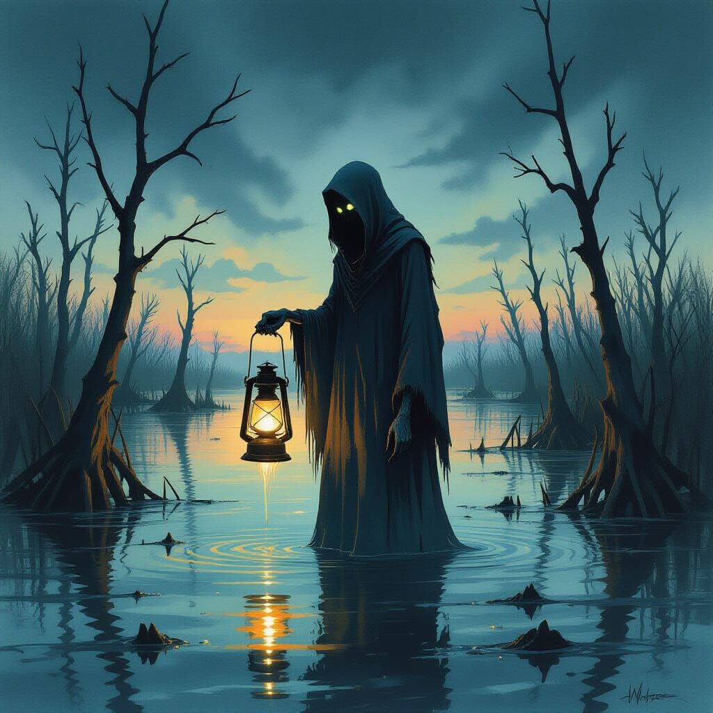Gaunt Figure in Skeletal Marsh at Twilight
